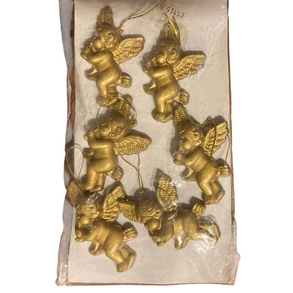 Set‎ of 6 Vintage Copper Plastic Cherub Angel Ornaments Playing Instruments